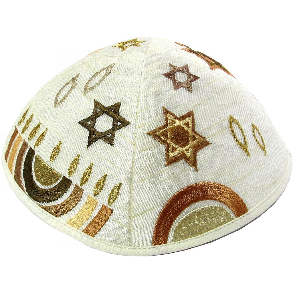 Kippa Wildseide creme *Chanukkia & Sterne*  in kupfer/gold
