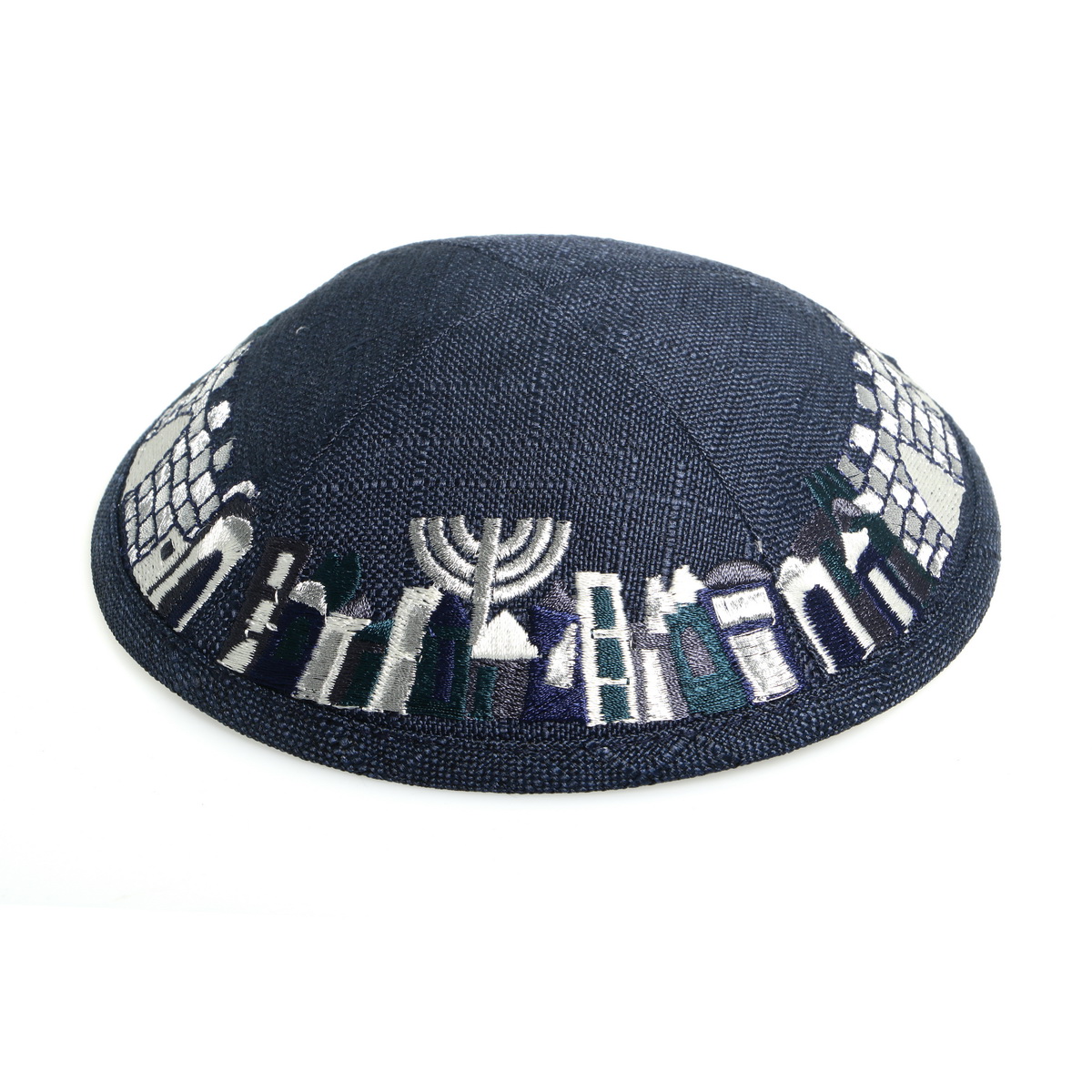 Kippa *Jerusalem*, Leinen bestickt, blau