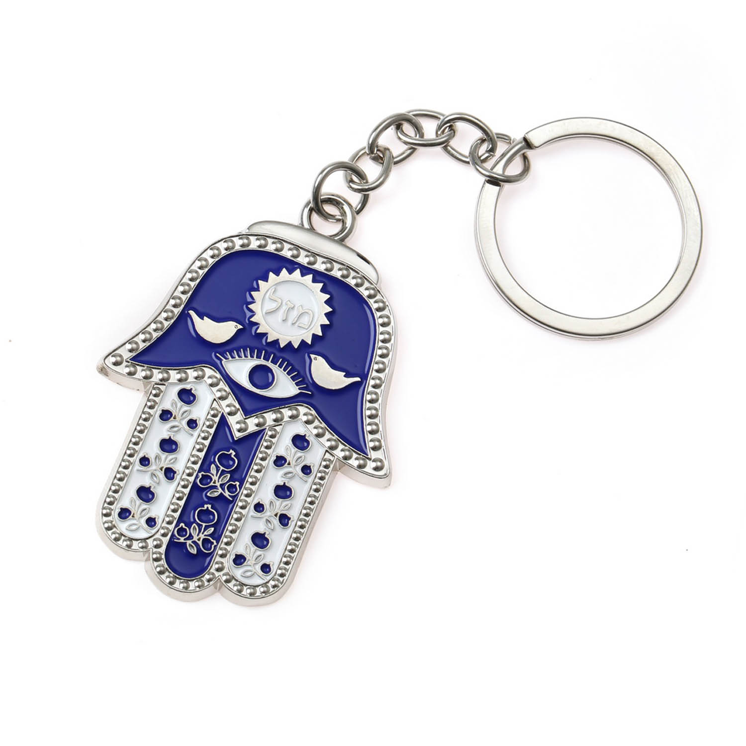 Schlüsselanhänger Chamsa *Masel* blau/weiss Metall 5,5cm