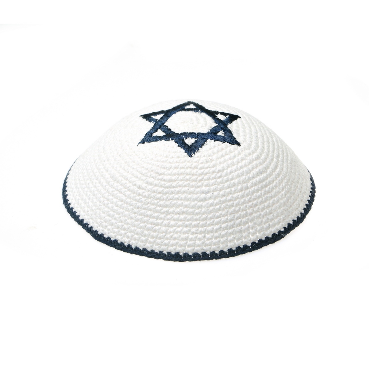 Kippa gehäkelt *Stern* royalblau auf weisser Baumwolle 16 cm