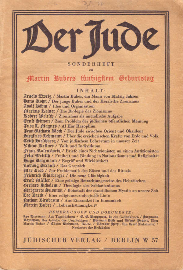 Der Jude - Sonderheft zu Martin Bubers 50. Geburtstag