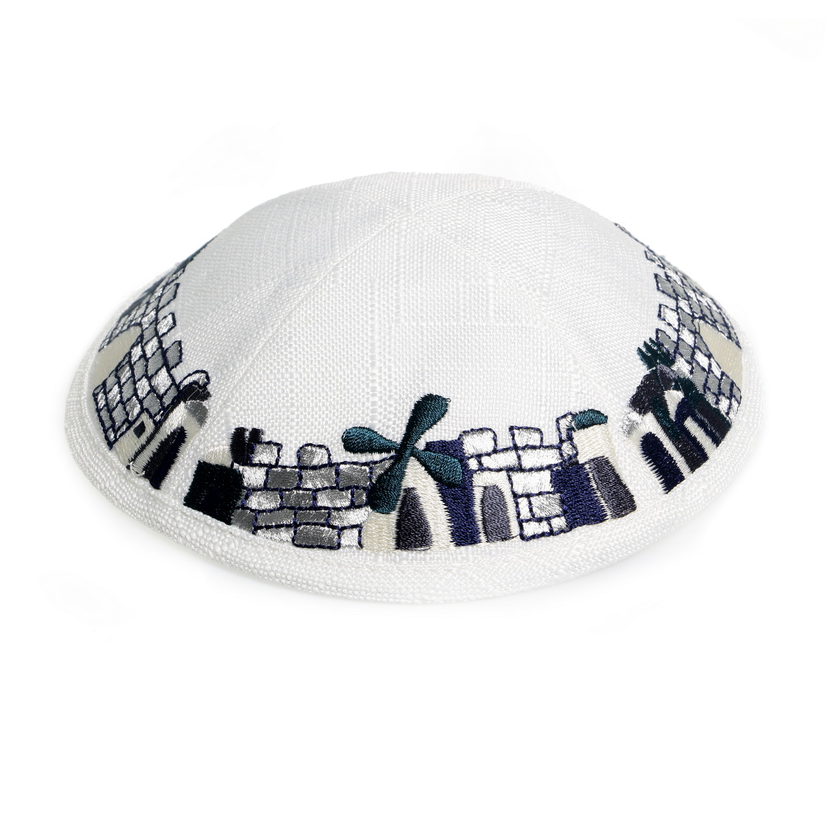 Kippa *Jerusalem*, Leinen bestickt, weiß