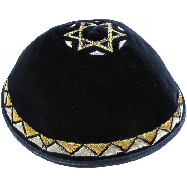 Kippa Samt dunkelblau mit Davidstern und Sternenborte in silber/gold 22cm