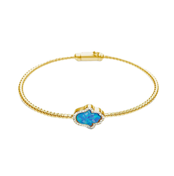 Chamsa Armreif mit blauem Opal, gelbgold