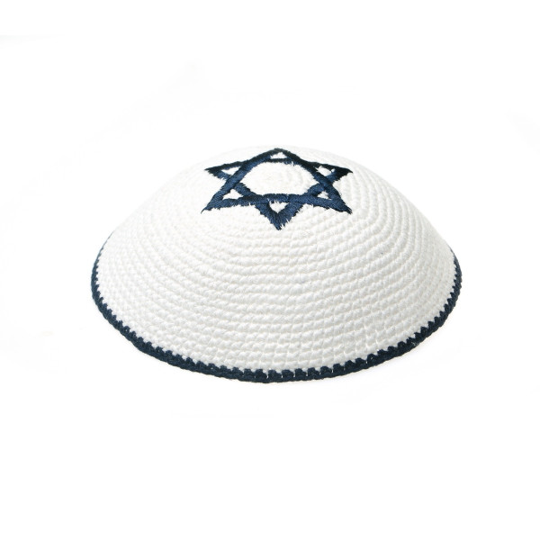 Kippa gehäkelt *Stern* royalblau auf weisser Baumwolle 16 cm