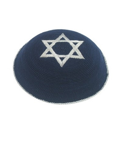 Kippa gehäckelt Blau mit silbernen Stern