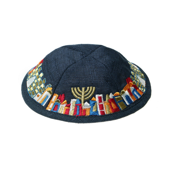Kippa Leinen bunt bestickt *Jerusalem*