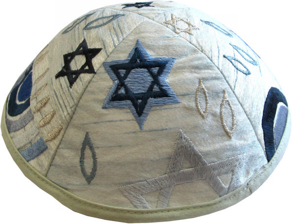 Kippa Wildseide hellblau *Chanukkia & Sterne* in blau/silber 21cm