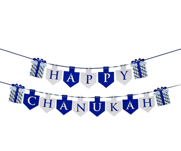 Chanukka Girlande *Happy Chanukah* matt glitzernd in silber/blau